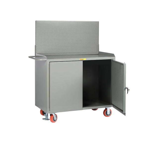 Mobile Bench Cabinets, 36"W, Pegboard Panel Doors, Steel Top, Pegboard